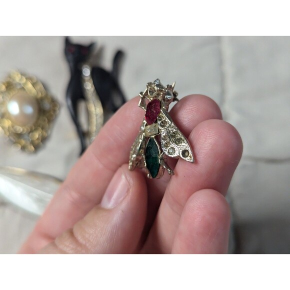 Lot Of 4 Vintage Pins Black Cat Fly Bee Leaf Cabochon Norway Sterling - Picture 7 of 16